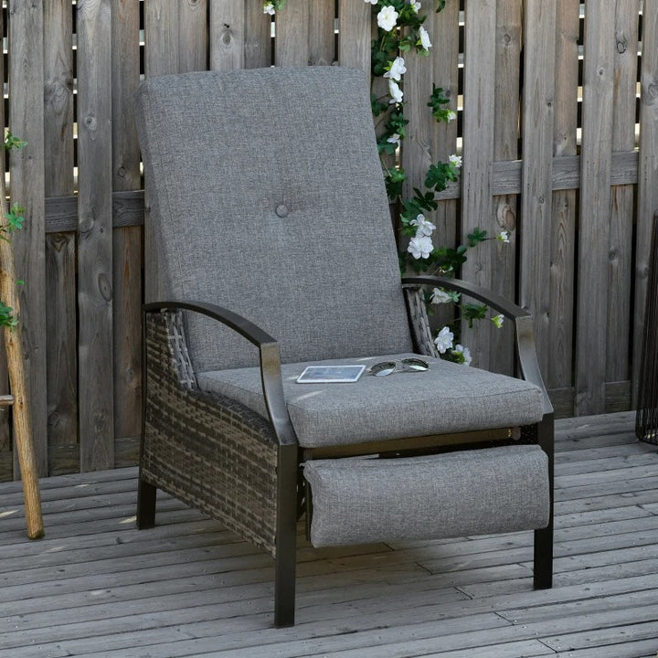 PE Rattan Wicker Reclining Lounger Chair w/ Cushions, Footrest for Outdoor Patio Deck, Grey