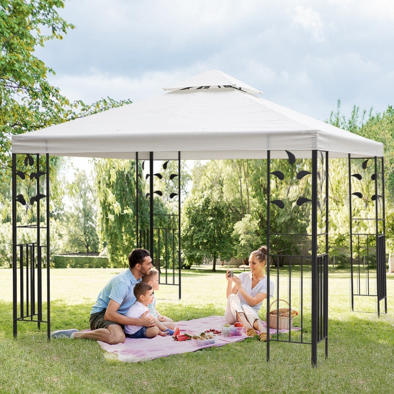 10' x 10' Steel Gazebo Canopy Shelter, Tiered Fabric Roof, Leaf Design, Patio Deck, Cream White