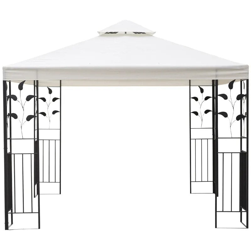 10' x 10' Steel Gazebo Canopy Shelter, Tiered Fabric Roof, Leaf Design, Patio Deck, Cream White