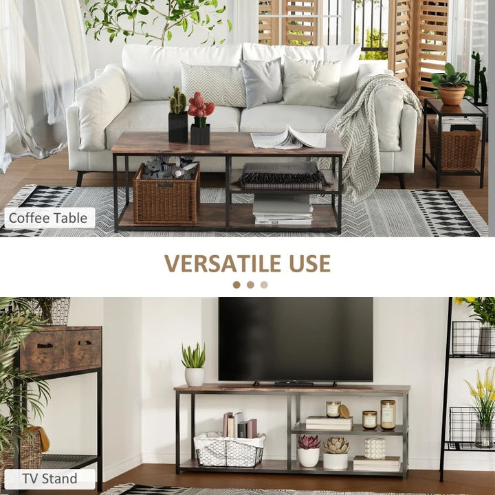 Industrial Media Console TV Stand Entertainment Unit w Open Shelves, Rustic Brown w Black Frame