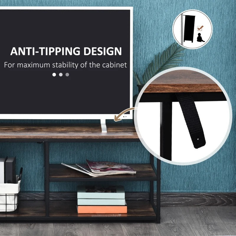 Industrial Media Console TV Stand Entertainment Unit w Open Shelves, Rustic Brown w Black Frame