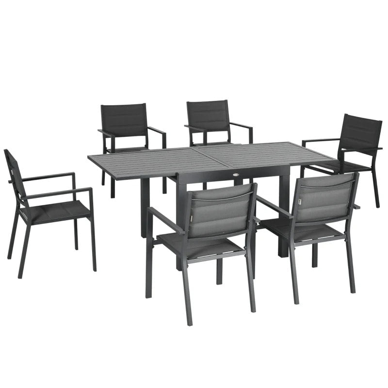 7pc Aluminum Outdoor Expandable Dining Table w 6 Stackable Chairs for Deck Garden Patio, Grey