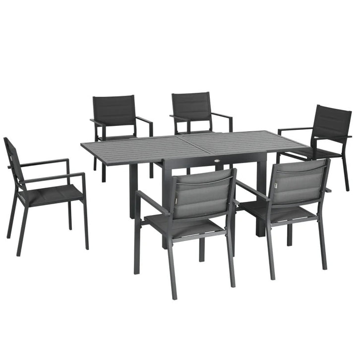 7pc Aluminum Outdoor Expandable Dining Table w 6 Stackable Chairs for Deck Garden Patio, Grey
