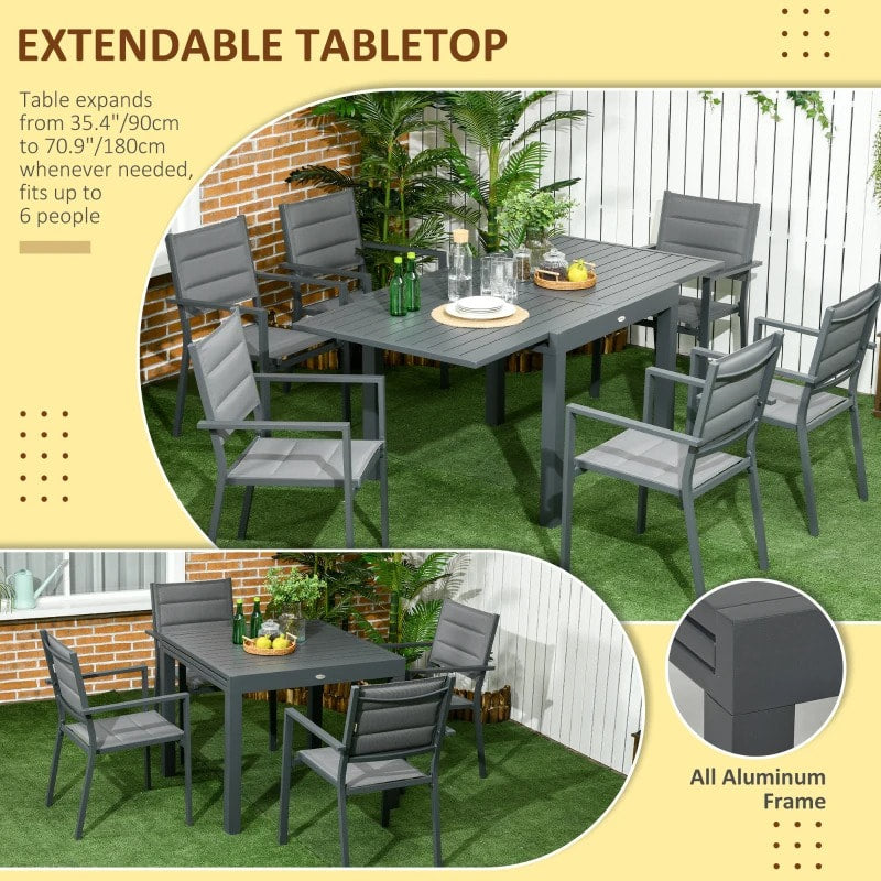 7pc Aluminum Outdoor Expandable Dining Table w 6 Stackable Chairs for Deck Garden Patio, Grey