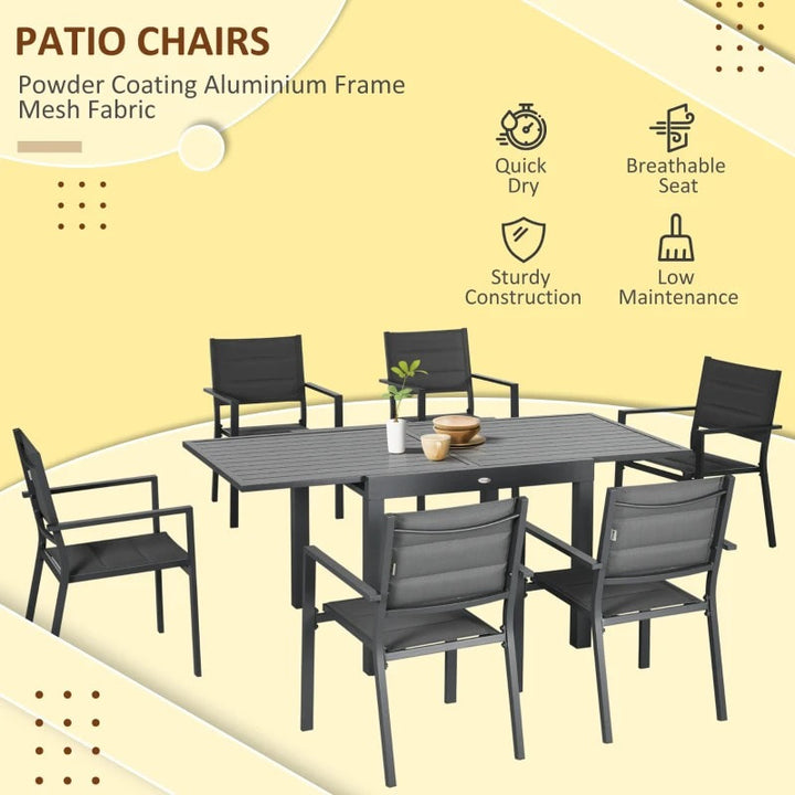 7pc Aluminum Outdoor Expandable Dining Table w 6 Stackable Chairs for Deck Garden Patio, Grey