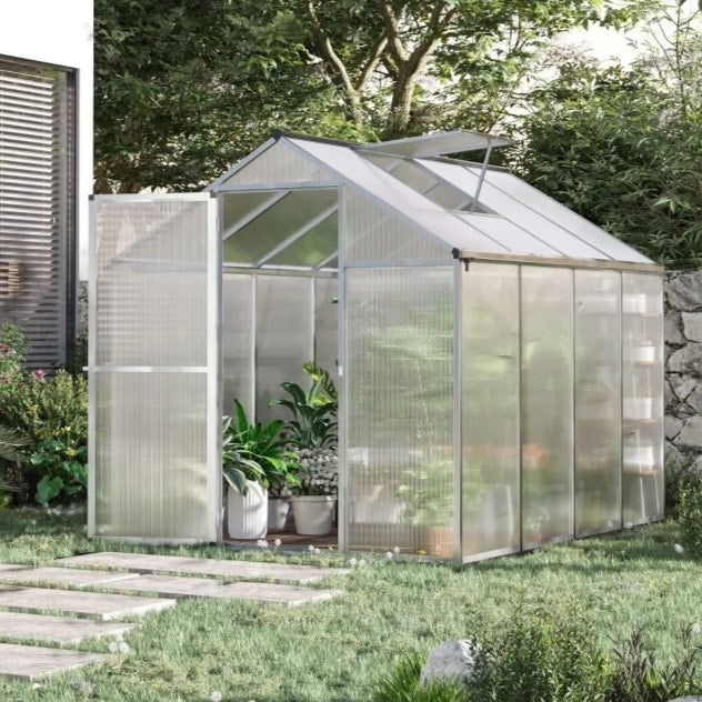 8' x 6.25’ x 6.4' Walk-In Hard-Sided PC Aluminum Cold Frame Greenhouse for Outdoor Garden Plant