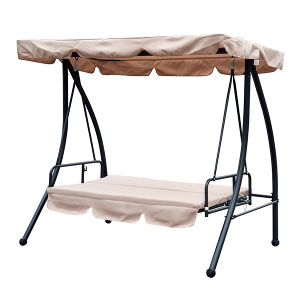 2-in-1 Outdoor 3-Seater Swing / Bed w/ Tilting Canopy for Patio Backyard Garden Deck - Beige