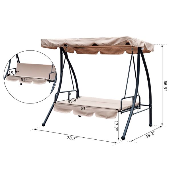 2-in-1 Outdoor 3-Seater Swing / Bed w/ Tilting Canopy for Patio Backyard Garden Deck - Beige