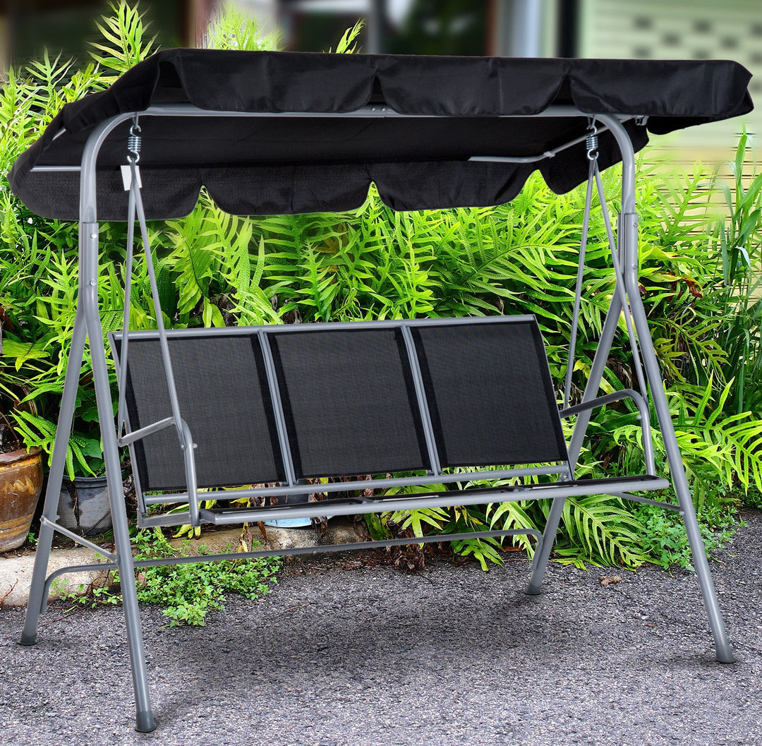 3-Person Outdoor Sling Fabric Porch Swing w/ Adjustable Canopy for Patio Backyard Garden Black