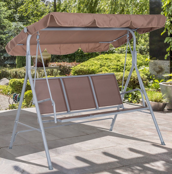 3-Person Outdoor Sling Fabric Porch Swing w/ Adjustable Canopy for Patio Backyard Garden Beige