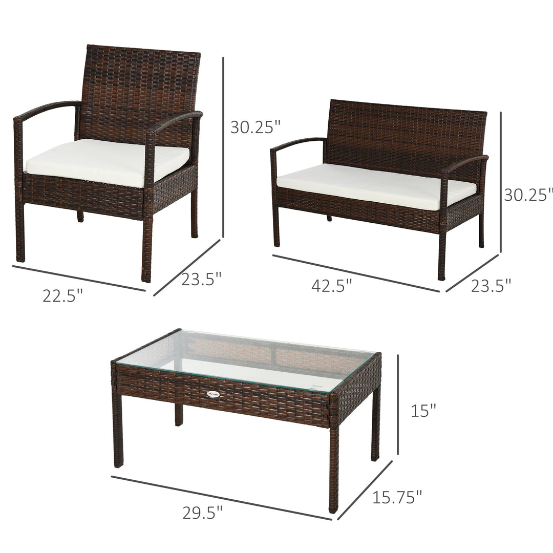 4pc PE Rattan Wicker Conversation Furniture Loveseat Set w Cushions Outdoor Patio, Brown, Cream