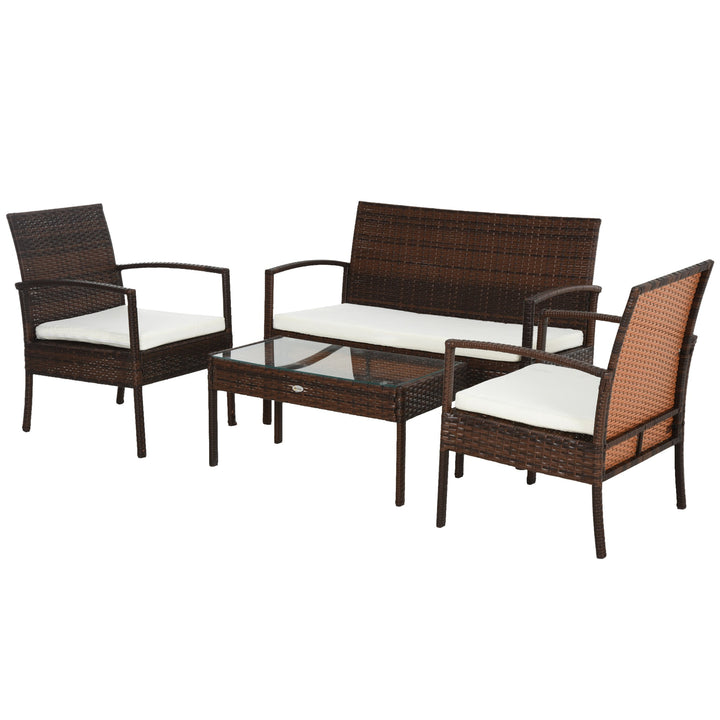 4pc PE Rattan Wicker Conversation Furniture Loveseat Set w Cushions Outdoor Patio, Brown, Cream