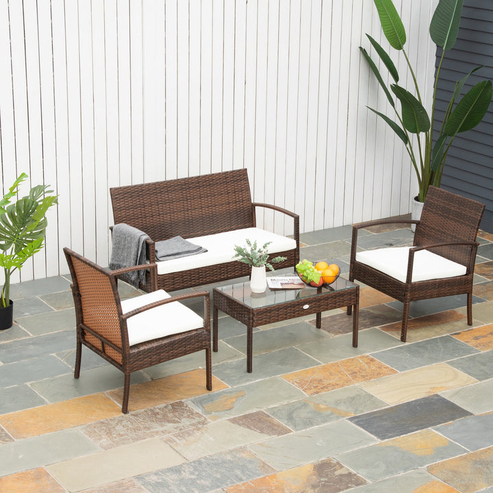 4pc PE Rattan Wicker Conversation Furniture Loveseat Set w Cushions Outdoor Patio, Brown, Cream