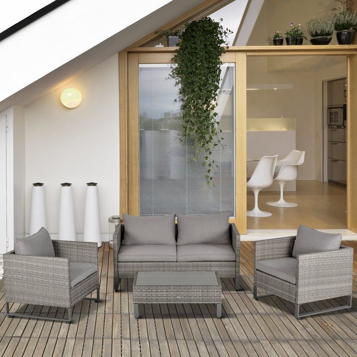 4pc PE Rattan Wicker Conversation Furniture Seating Set w/ Cushions, Outdoor Patio - Grey