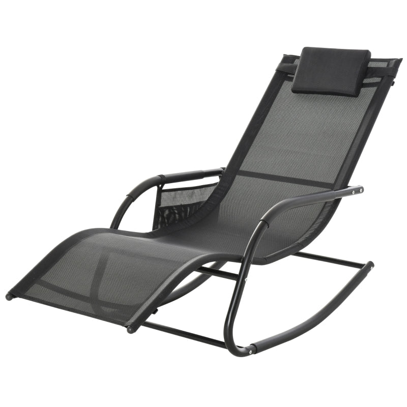 Mesh Rocking Reclining Sun Lounger Chair Seat w/ Headrest for Outdoor Patio Deck Garden, Black