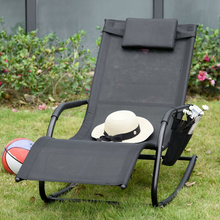 Mesh Rocking Reclining Sun Lounger Chair Seat w/ Headrest for Outdoor Patio Deck Garden, Black