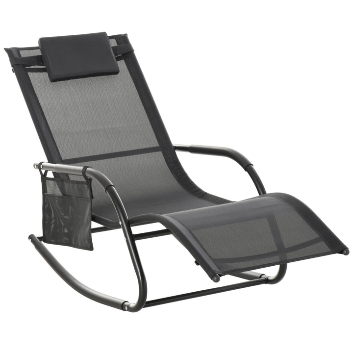 Mesh Rocking Reclining Sun Lounger Chair Seat w/ Headrest for Outdoor Patio Deck Garden, Black