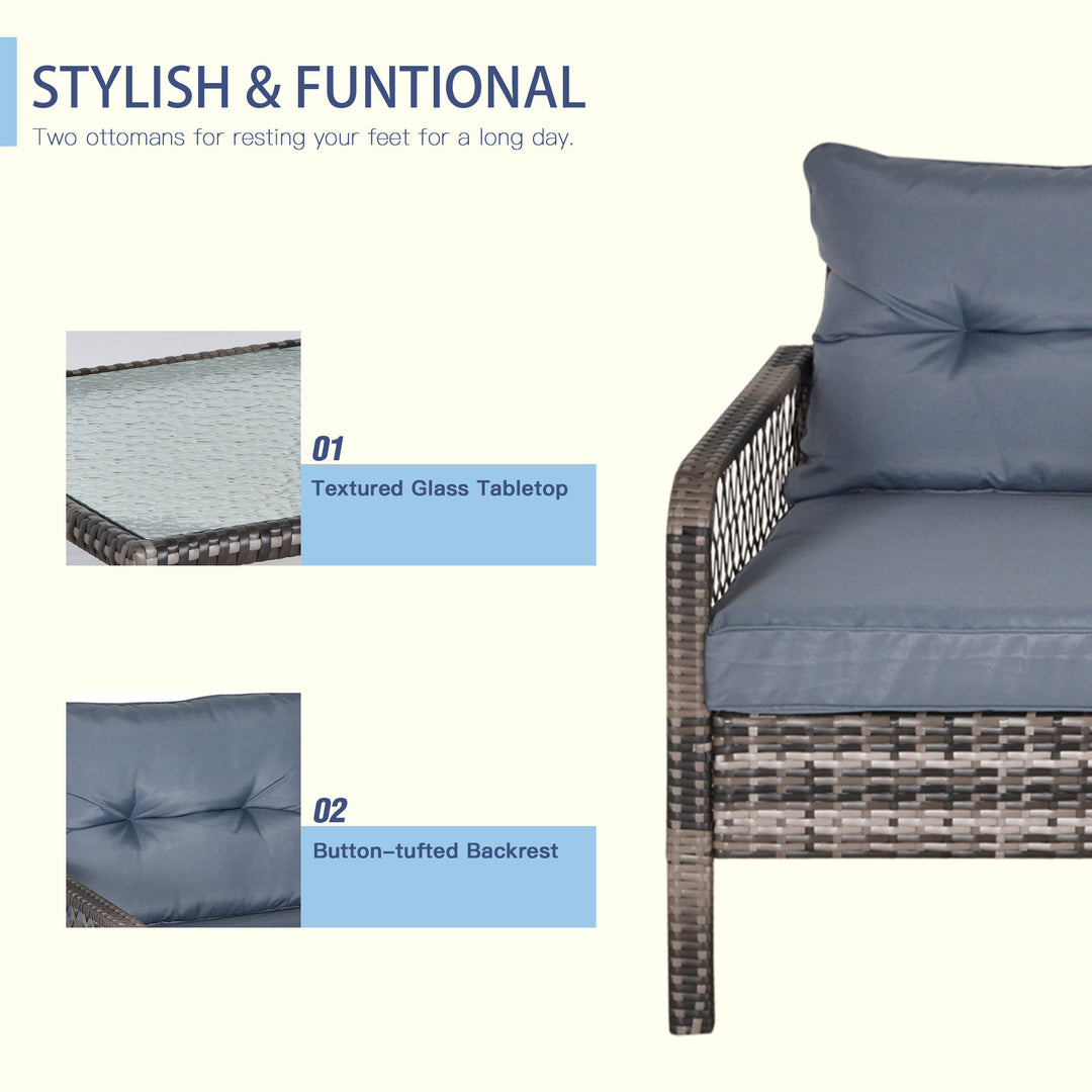 5pc PE Rattan Wicker Conversation Set w/ Armchairs, Cushions, Footstools Outdoor Patio - Grey