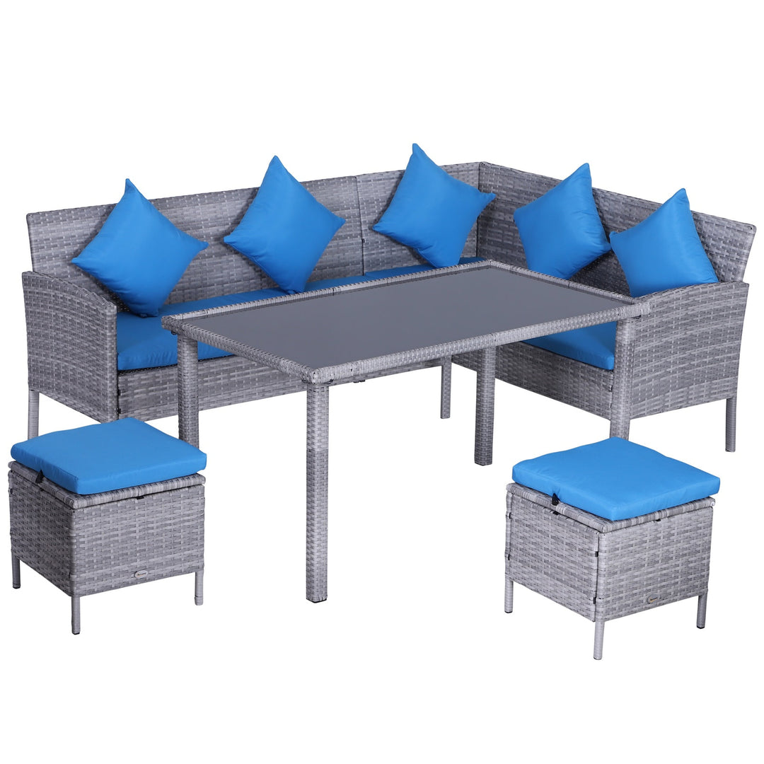 5pc PE Rattan Wicker L-Shape Outdoor Dining Patio Furniture Set w/ Cushions - Grey, Bright Blue