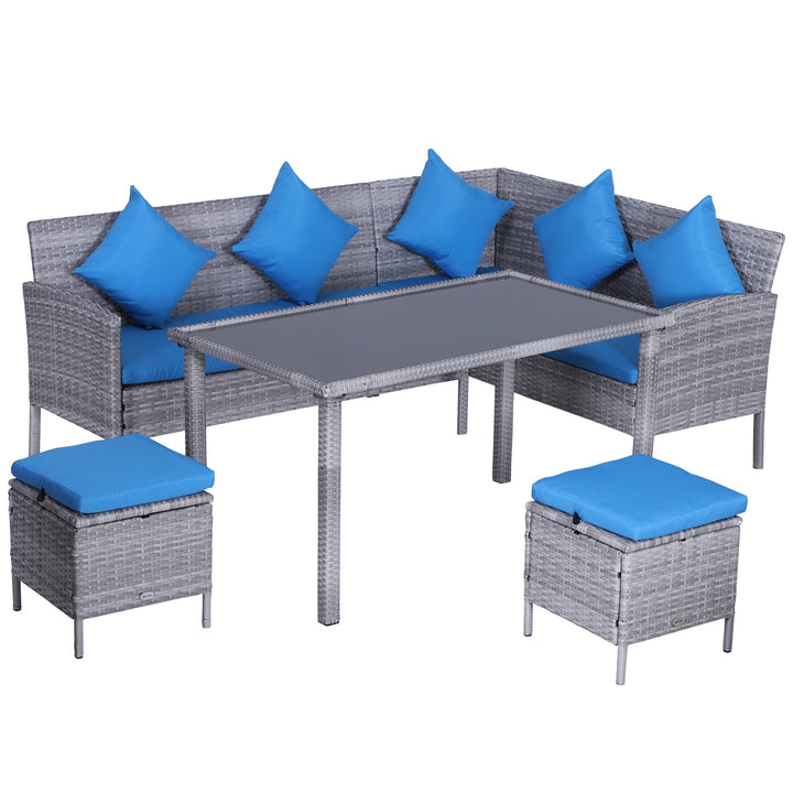 5pc PE Rattan Wicker L-Shape Outdoor Dining Patio Furniture Set w/ Cushions - Grey, Bright Blue