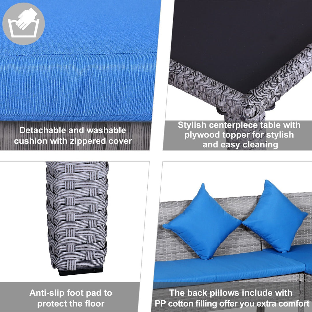 5pc PE Rattan Wicker L-Shape Outdoor Dining Patio Furniture Set w/ Cushions - Grey, Bright Blue