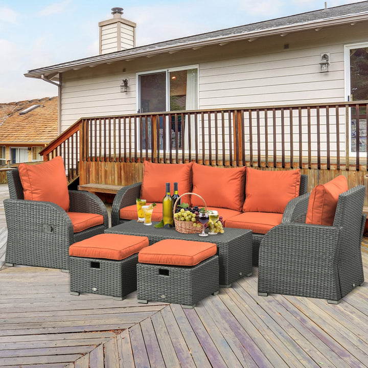 6pc PE Rattan Wicker Compact Conversation Set w/ Recliners for Outdoor Patio – Orange, Grey