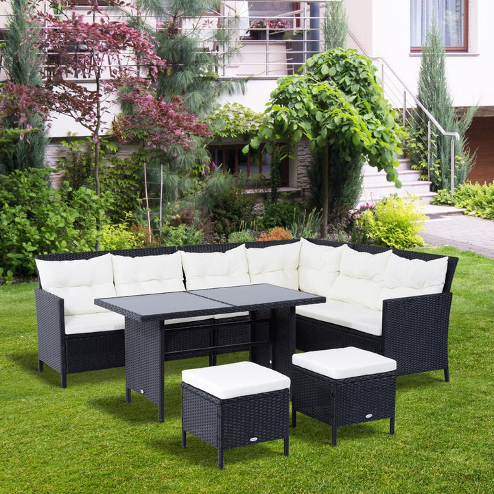 6pc L-Shape PE Rattan Wicker Outdoor Dining Patio Furniture Set w/ Cushions, Black, Cream White