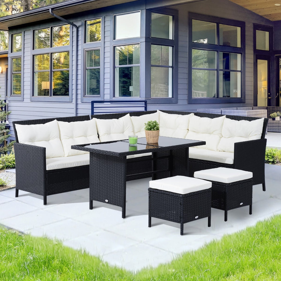 6pc L-Shape PE Rattan Wicker Outdoor Dining Patio Furniture Set w/ Cushions, Black, Cream White