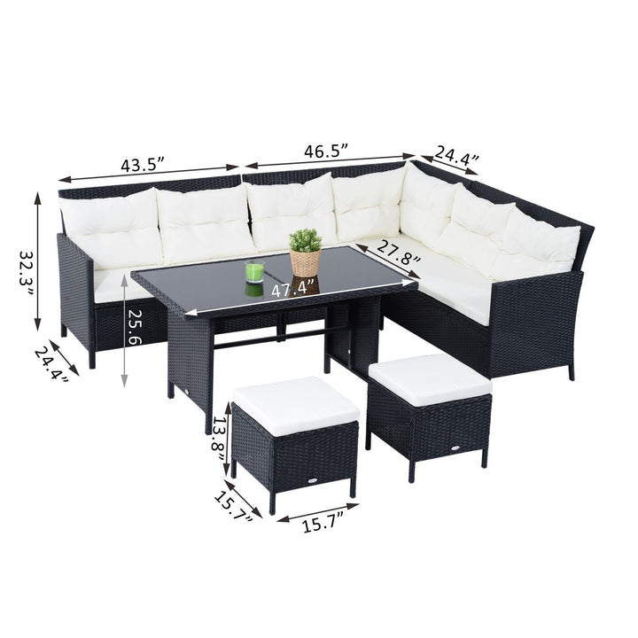 6pc L-Shape PE Rattan Wicker Outdoor Dining Patio Furniture Set w/ Cushions, Black, Cream White