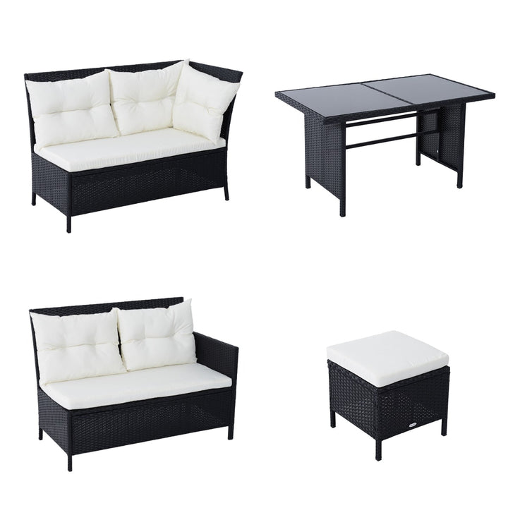 6pc L-Shape PE Rattan Wicker Outdoor Dining Patio Furniture Set w/ Cushions, Black, Cream White