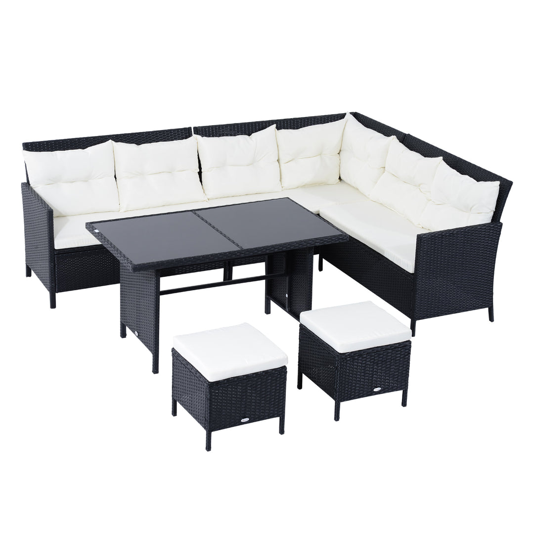 6pc L-Shape PE Rattan Wicker Outdoor Dining Patio Furniture Set w/ Cushions, Black, Cream White