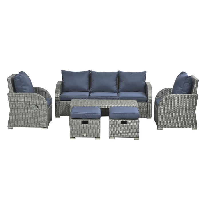 6pc PE Rattan Wicker Compact Conversation Set w/ Recliners for Outdoor Patio – Blue, Grey