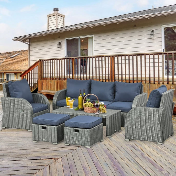 6pc PE Rattan Wicker Compact Conversation Set w/ Recliners for Outdoor Patio – Blue, Grey
