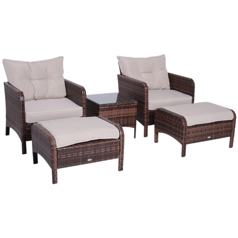 5pc PE Rattan Wicker Conversation Set, Armchairs Cushions Footstools, Outdoor Patio Beige Brown