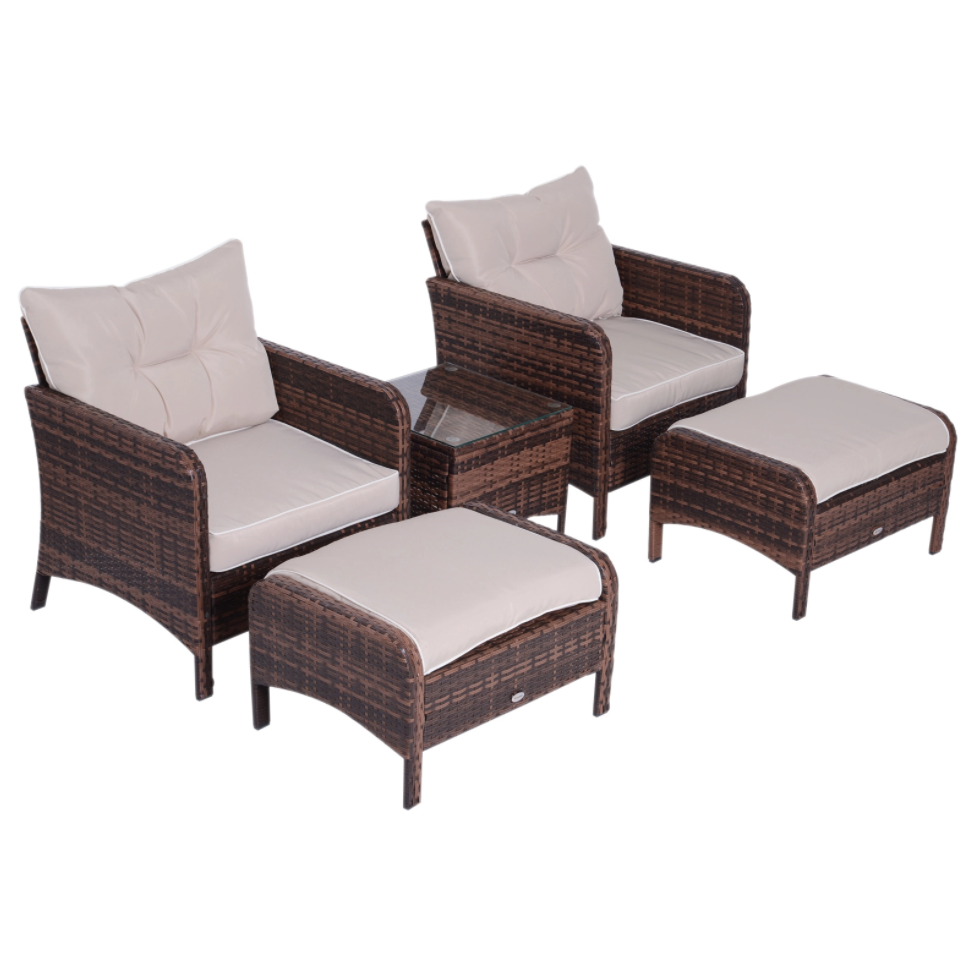 5pc PE Rattan Wicker Conversation Set, Armchairs Cushions Footstools, Outdoor Patio Beige Brown