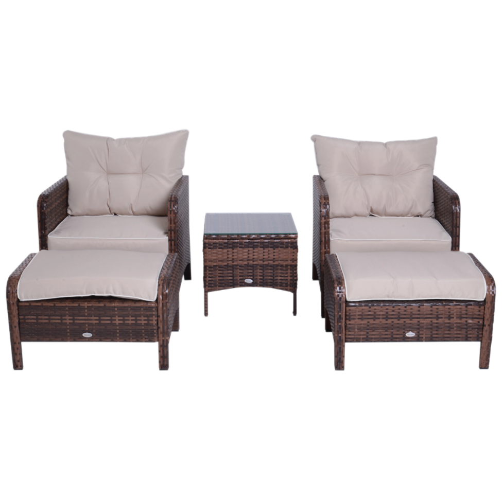 5pc PE Rattan Wicker Conversation Set, Armchairs Cushions Footstools, Outdoor Patio Beige Brown
