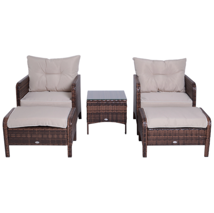 5pc PE Rattan Wicker Conversation Set, Armchairs Cushions Footstools, Outdoor Patio Beige Brown