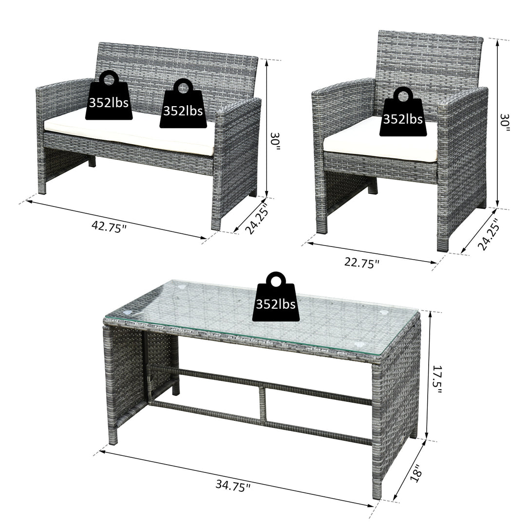 4pc PE Rattan Wicker Conversation Furniture Love Seat Deck Patio Set w/ Cushions - Grey, White