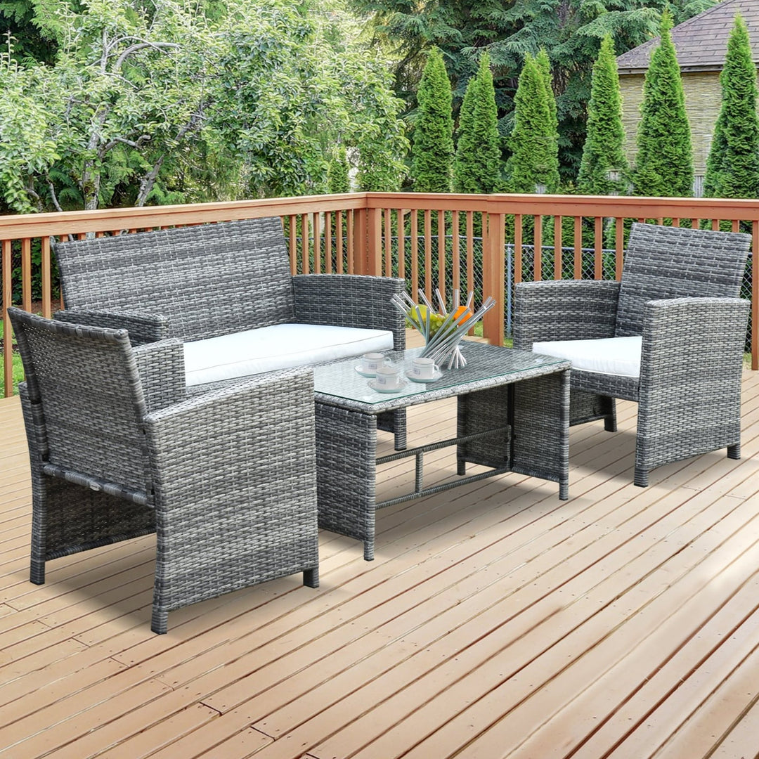 4pc PE Rattan Wicker Conversation Furniture Love Seat Deck Patio Set w/ Cushions - Grey, White