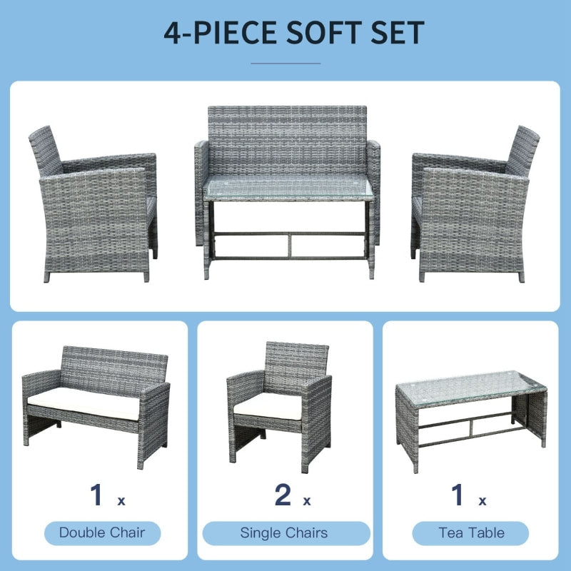 4pc PE Rattan Wicker Conversation Furniture Love Seat Deck Patio Set w/ Cushions - Grey, White