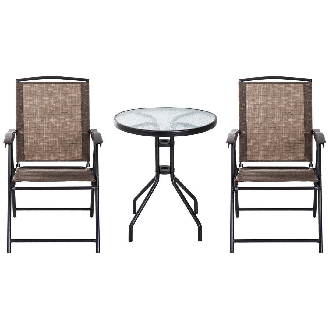 Compact Foldable 3pc Metal, Sling Fabric Bistro Dining Set Outdoor Garden Patio Deck - Brown
