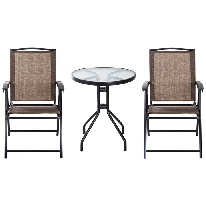 Compact Foldable 3pc Metal, Sling Fabric Bistro Dining Set Outdoor Garden Patio Deck - Brown