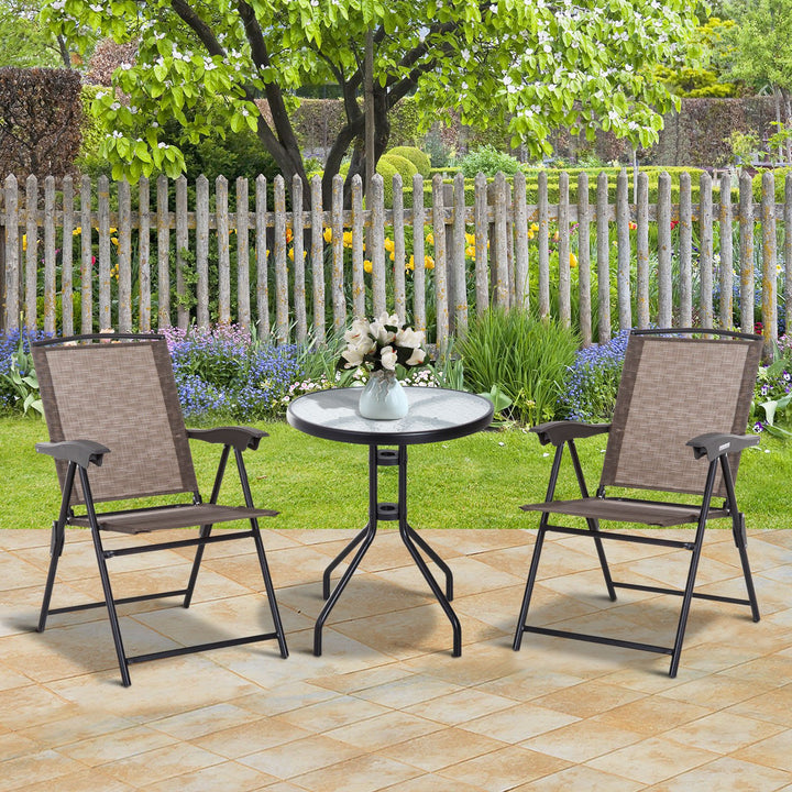 Compact Foldable 3pc Metal, Sling Fabric Bistro Dining Set Outdoor Garden Patio Deck - Brown