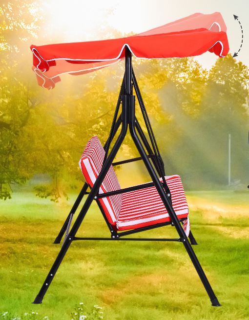 Outdoor 3-Seater Swing Lounger w/ Adjustable Canopy for Patio Backyard Garden Deck Red & White