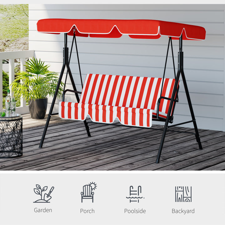 Outdoor 3-Seater Swing Lounger w/ Adjustable Canopy for Patio Backyard Garden Deck Red & White