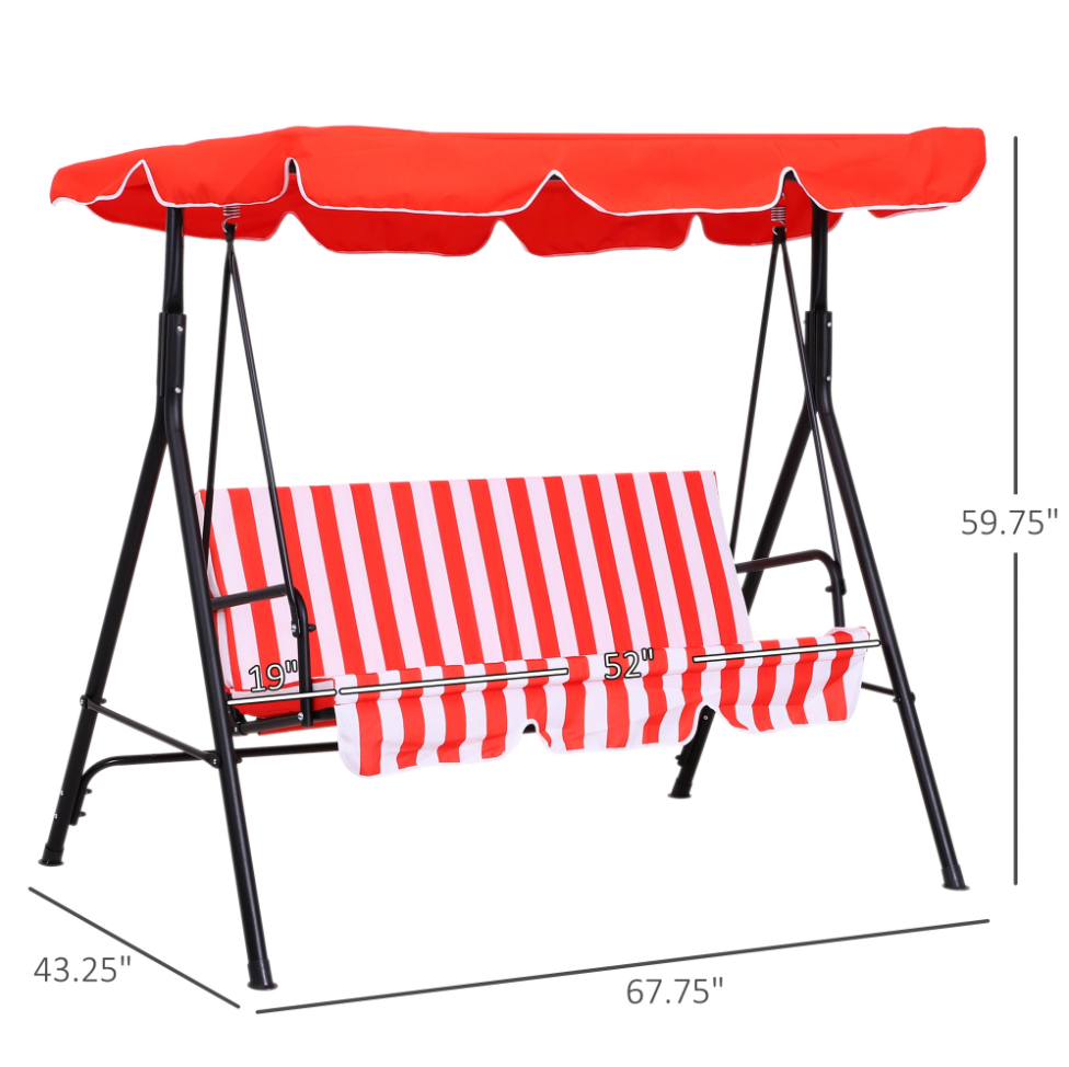 Outdoor 3-Seater Swing Lounger w/ Adjustable Canopy for Patio Backyard Garden Deck Red & White