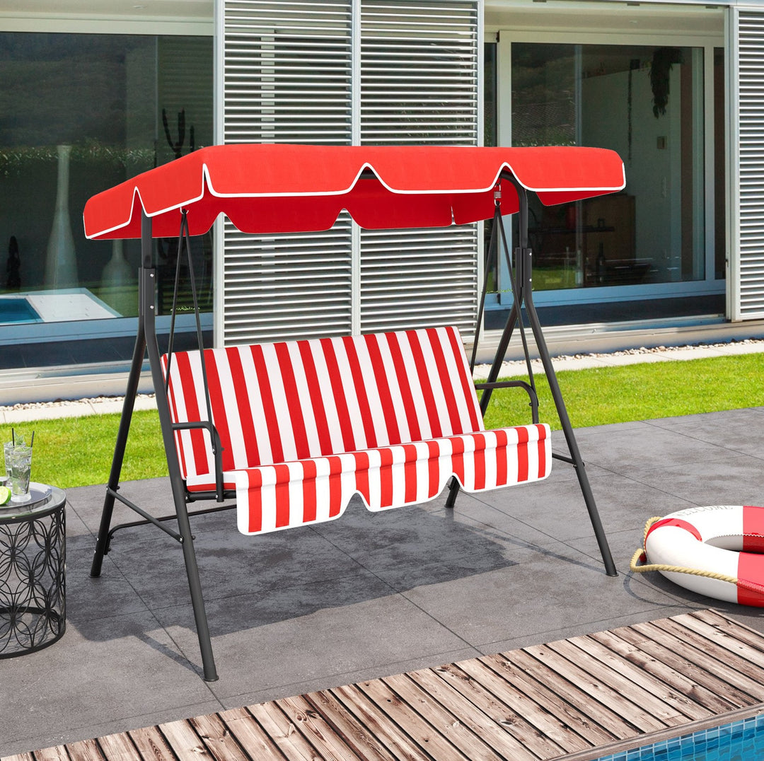 Outdoor 3-Seater Swing Lounger w/ Adjustable Canopy for Patio Backyard Garden Deck Red & White