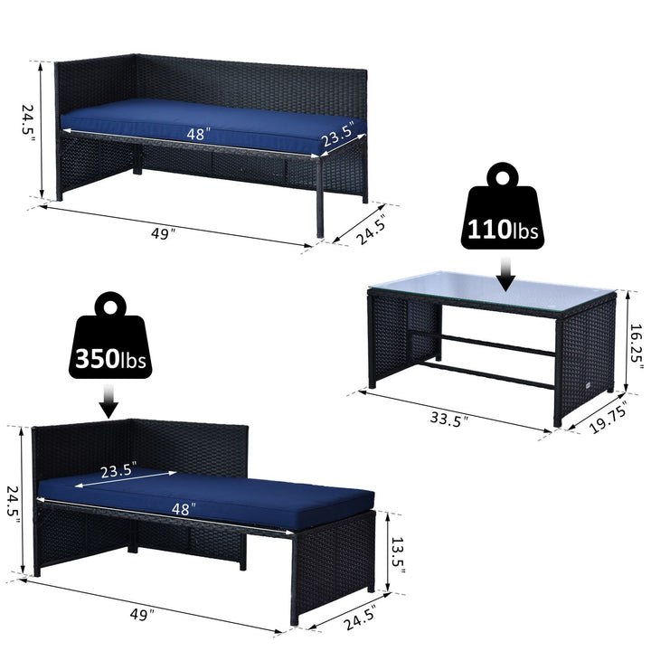 3PC Sofa Conversation Set w/ Cushions for Patio - Blue and Black