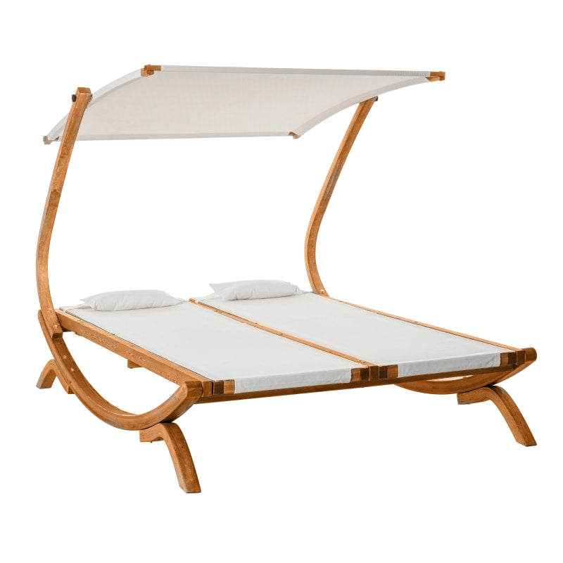Deluxe 2 Person Double Flat Reclining Chaise Patio Deck Sun Lounger w Canopy, Wood Frame, Beige