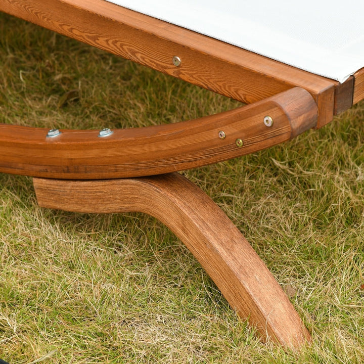 Deluxe 2 Person Double Flat Reclining Chaise Patio Deck Sun Lounger w Canopy, Wood Frame, Beige